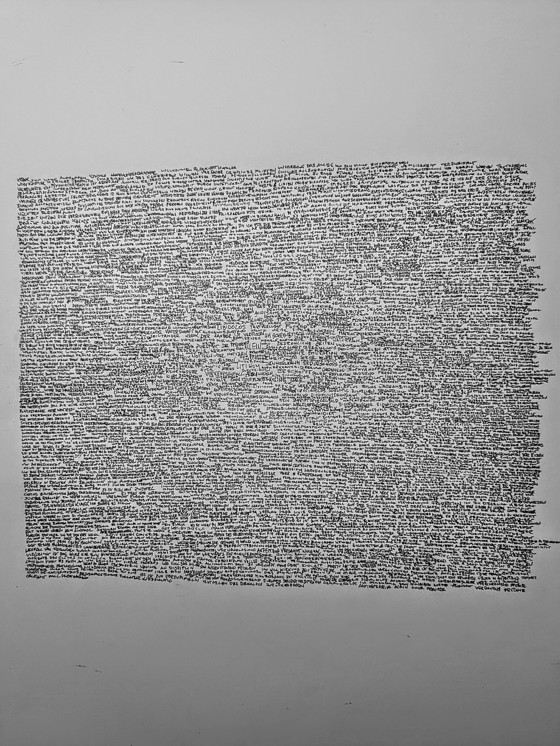 Klagemauer – dichter Textblock aus Schlagwörtern, Fineliner auf A2